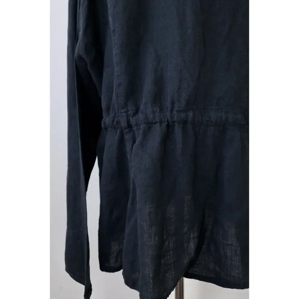 Flax Size L Woven Linen Collared Jacket Button Front High Low Hem Black - Picture 10 of 12